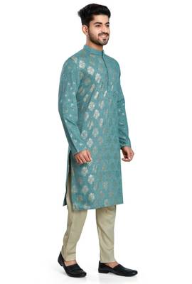 Teal green hand block foil printed kurta viscos kurta payjama etnic wear / festive wear 4
