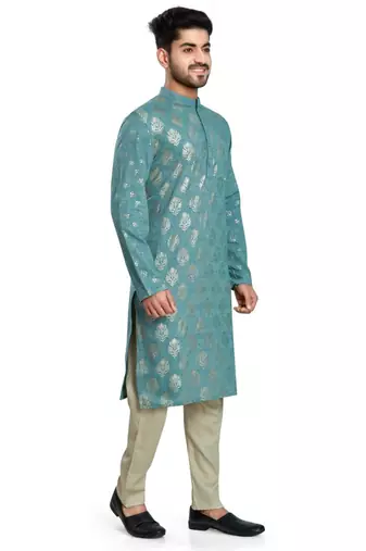 Teal green hand block foil printed kurta viscos kurta payjama etnic wear / festive wear