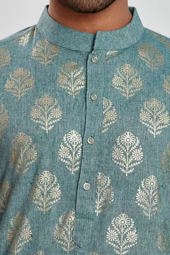 Teal green hand block foil printed kurta viscos kurta payjama etnic wear / festive wear