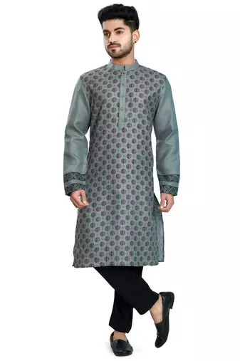 Grey hand block printed viscos kurta payjama ethnic wear / festive wear