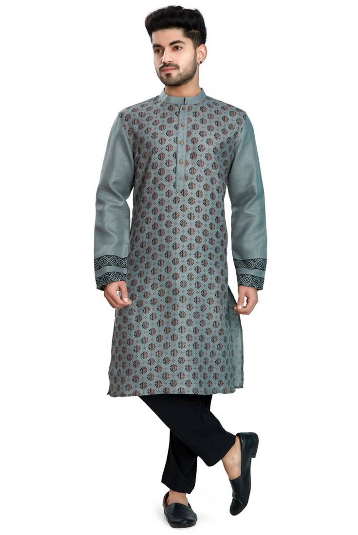 Grey hand block printed viscos kurta payjama ethnic wear / festive wear