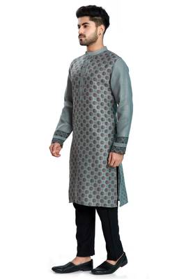 Grey hand block printed viscos kurta payjama ethnic wear / festive wear 3