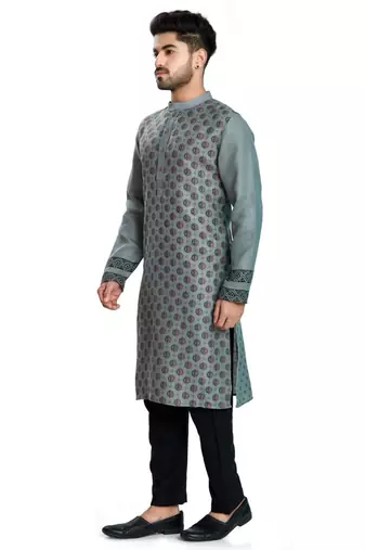 Grey hand block printed viscos kurta payjama ethnic wear / festive wear