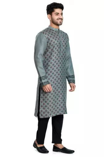 Grey hand block printed viscos kurta payjama ethnic wear / festive wear