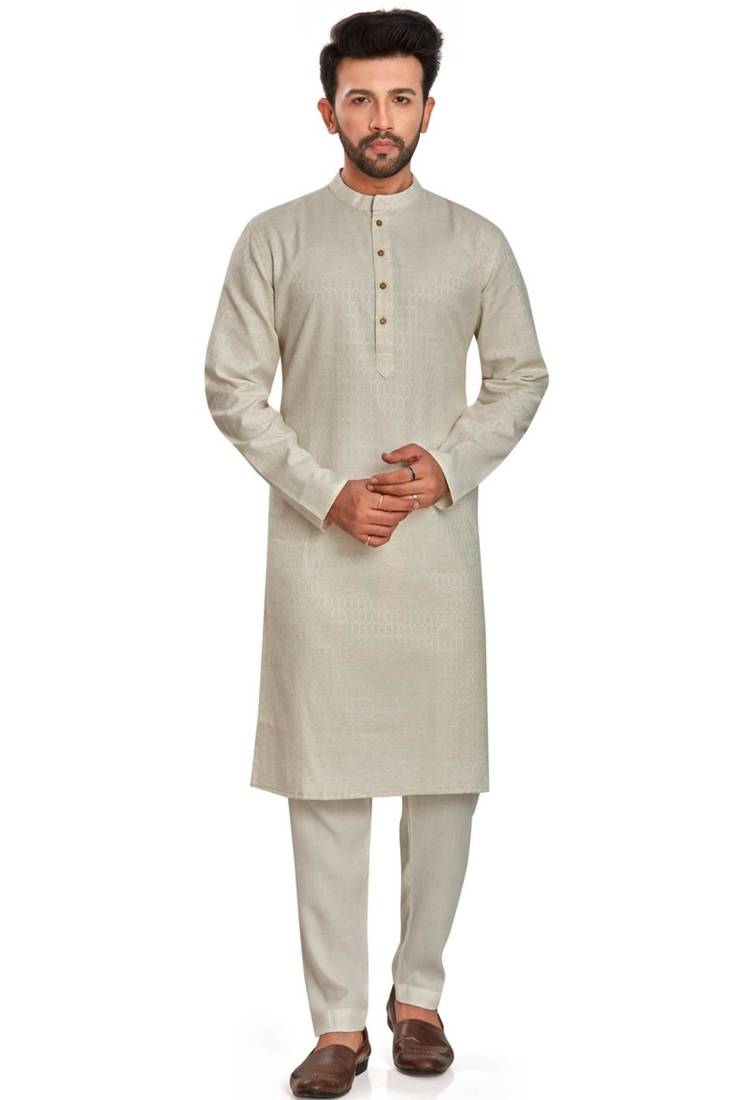 Off white jaquard fabric kurta payjama ethnic wear / festive wear