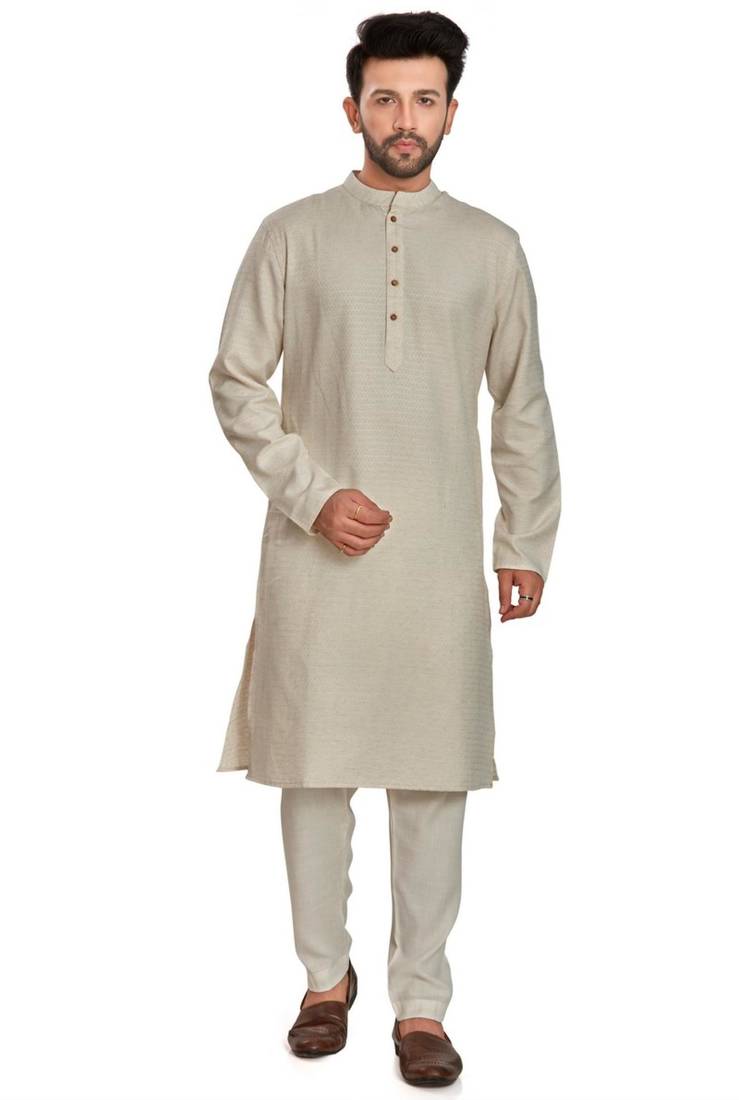 Off white jaquard fabric kurta payjama ethnic wear / festive wear