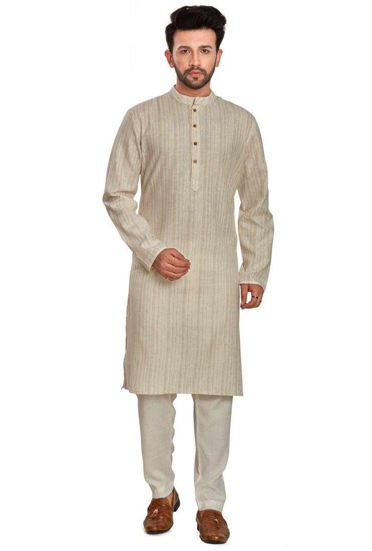 Off white jaquard fabric kurta payjama ethnic wear / festive wear