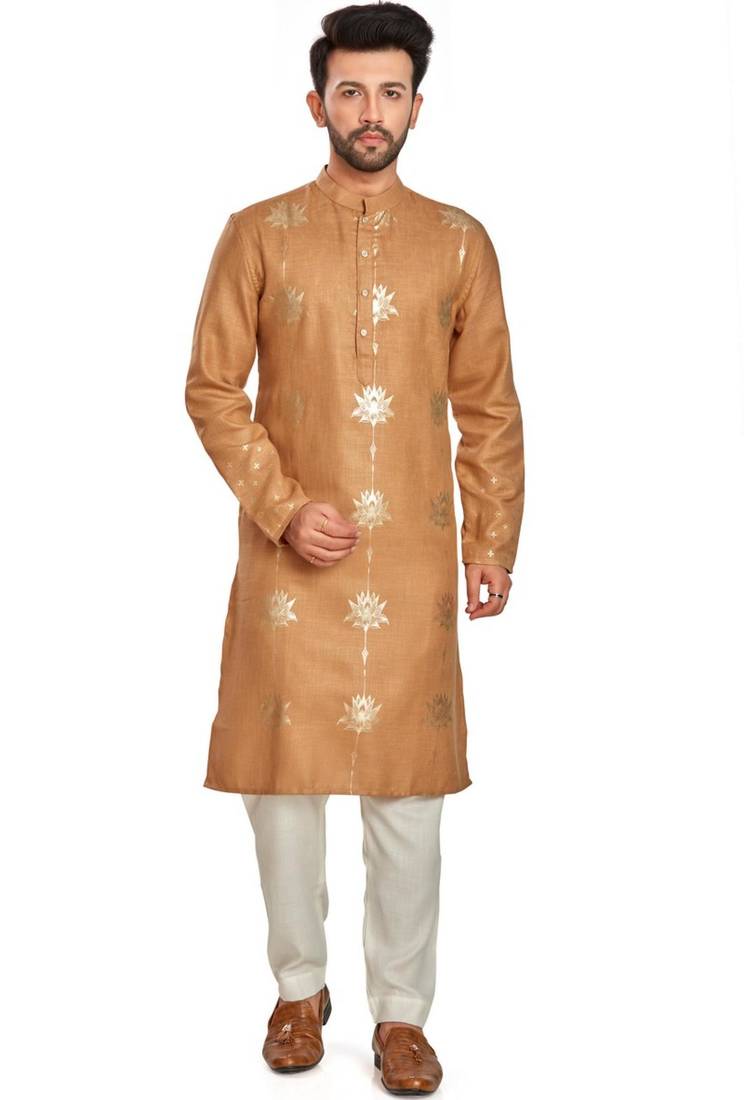 Copper brown hand block golden foil printed viscos kurta payjama ethnic wear / festive wear