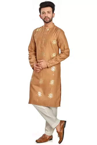 Copper brown hand block golden foil printed viscos kurta payjama ethnic wear / festive wear
