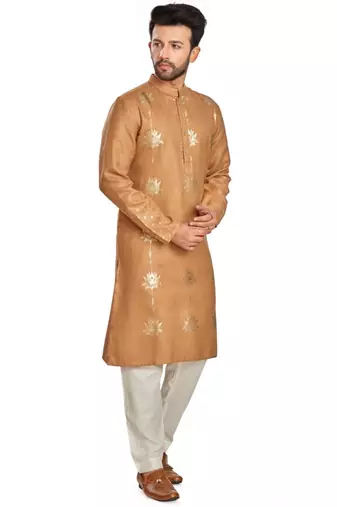 Copper brown hand block golden foil printed viscos kurta payjama ethnic wear / festive wear
