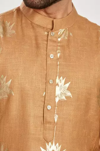Copper brown hand block golden foil printed viscos kurta payjama ethnic wear / festive wear