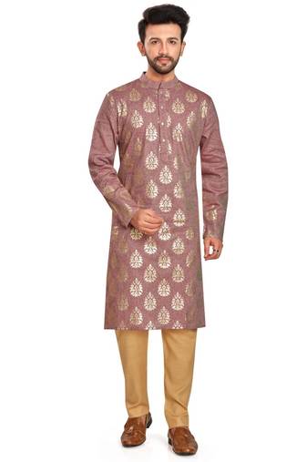 Rust brown hand block golden foil printed viscos kurta payjama ethnic wear / festive wear