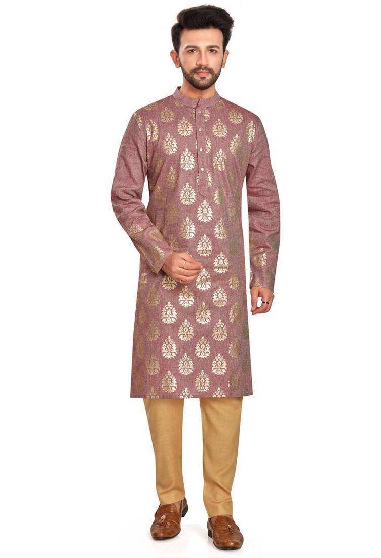 Rust brown hand block golden foil printed viscos kurta payjama ethnic wear / festive wear