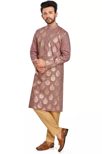 Rust brown hand block golden foil printed viscos kurta payjama ethnic wear / festive wear