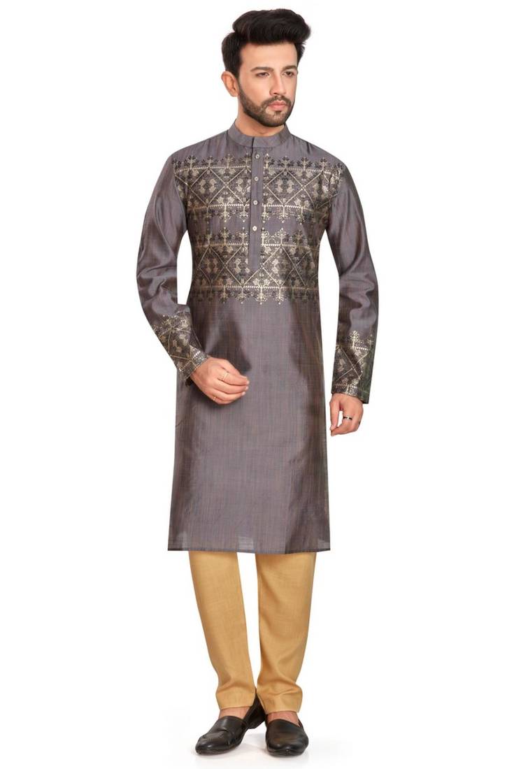 Charcoal grey hand block foil printed viscos kurta payjama etnic wear / festive wear