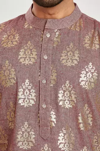 Rust brown hand block golden foil printed viscos kurta payjama ethnic wear / festive wear