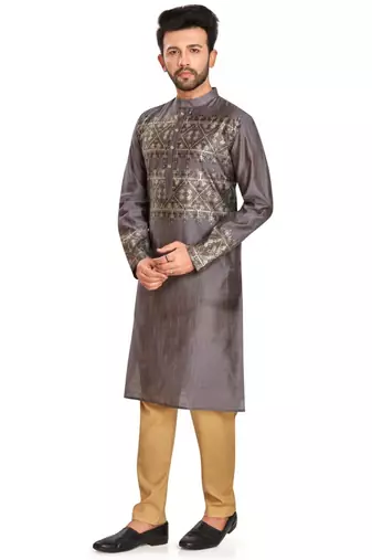 Charcoal grey hand block foil printed viscos kurta payjama etnic wear / festive wear