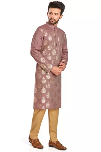 Rust brown hand block golden foil printed viscos kurta payjama ethnic wear / festive wear