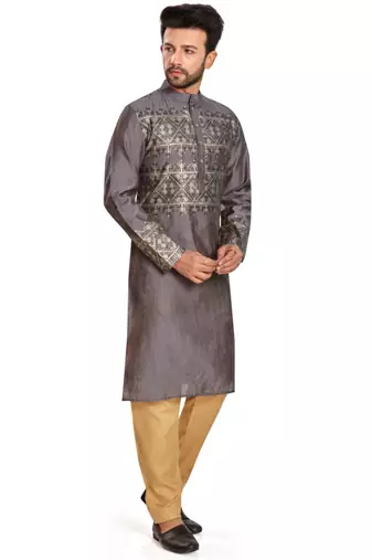 Charcoal grey hand block foil printed viscos kurta payjama etnic wear / festive wear