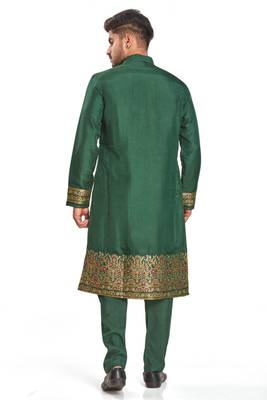 Green hand block printed kurta with embroidery banarsi silk  kurta payjama etnic wear / festive wear 2
