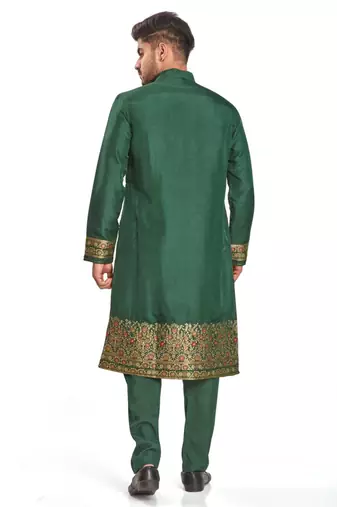Green hand block printed kurta with embroidery banarsi silk  kurta payjama etnic wear / festive wear