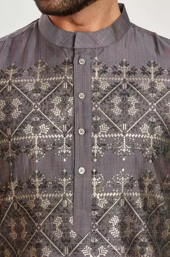 Charcoal grey hand block foil printed viscos kurta payjama etnic wear / festive wear
