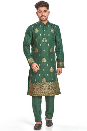Green hand block printed kurta with embroidery banarsi silk  kurta payjama etnic wear / festive wear