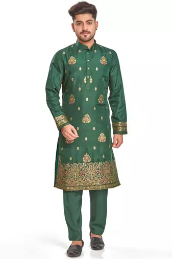 Green hand block printed kurta with embroidery banarsi silk  kurta payjama etnic wear / festive wear