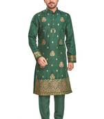 Green hand block printed kurta with embroidery banarsi silk  kurta payjama etnic wear / festive wear