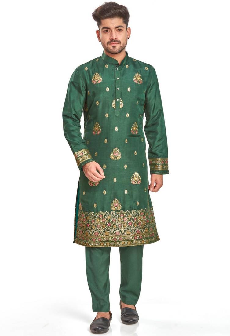 Green hand block printed kurta with embroidery banarsi silk  kurta payjama etnic wear / festive wear