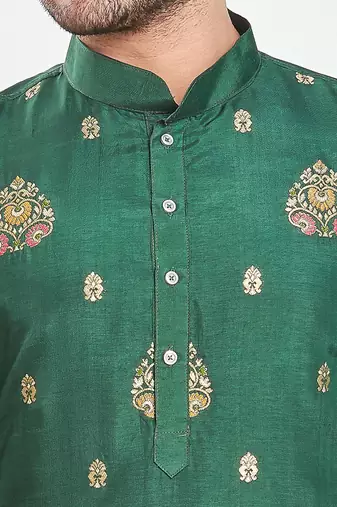 Green hand block printed kurta with embroidery banarsi silk  kurta payjama etnic wear / festive wear