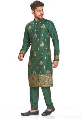 Green hand block printed kurta with embroidery banarsi silk  kurta payjama etnic wear / festive wear 4