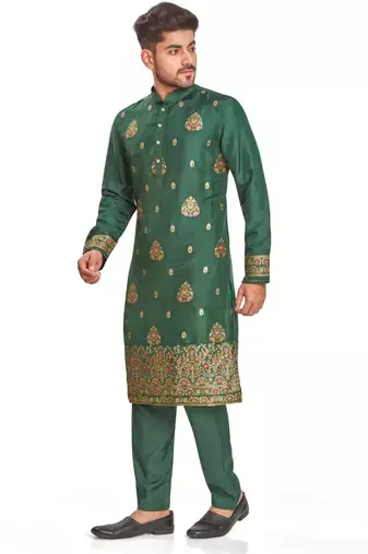 Green hand block printed kurta with embroidery banarsi silk  kurta payjama etnic wear / festive wear