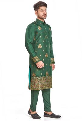 Green hand block printed kurta with embroidery banarsi silk  kurta payjama etnic wear / festive wear 5