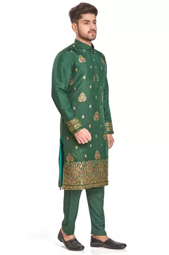 Green hand block printed kurta with embroidery banarsi silk  kurta payjama etnic wear / festive wear
