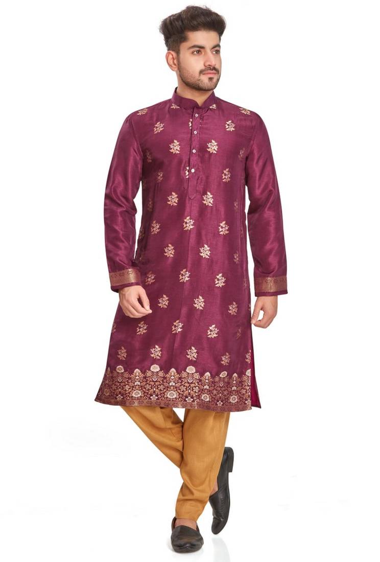 Purple hand block printed kurta with embroidery banarsi silk  kurta payjama etnic wear / festive wear