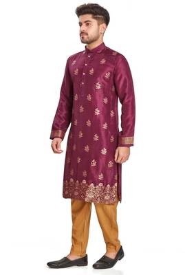 Purple hand block printed kurta with embroidery banarsi silk  kurta payjama etnic wear / festive wear 4