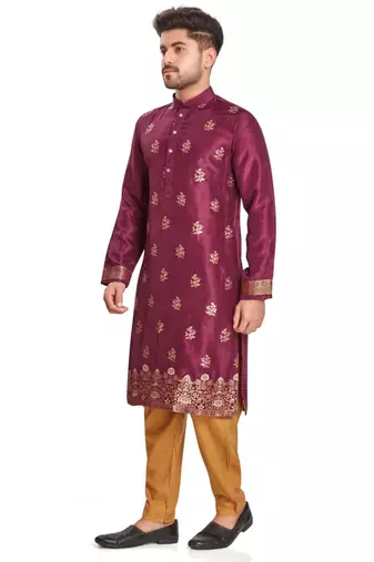 Purple hand block printed kurta with embroidery banarsi silk  kurta payjama etnic wear / festive wear