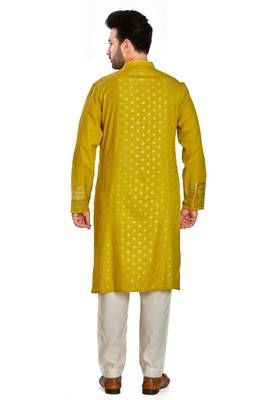Mustard yellow hand block foil printed viscos kurta payjama ethnic wear / festive wear 2