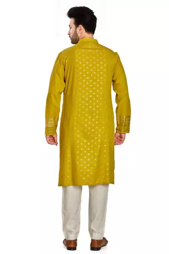 Mustard yellow hand block foil printed viscos kurta payjama ethnic wear / festive wear
