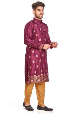 Purple hand block printed kurta with embroidery banarsi silk  kurta payjama etnic wear / festive wear 5
