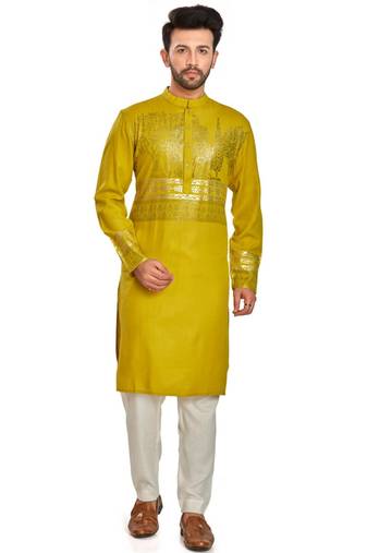Mustard yellow hand block foil printed viscos kurta payjama ethnic wear / festive wear