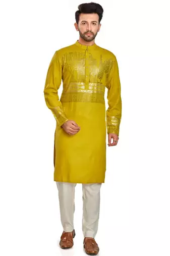 Mustard yellow hand block foil printed viscos kurta payjama ethnic wear / festive wear