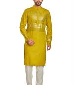 Mustard yellow hand block foil printed viscos kurta payjama ethnic wear / festive wear