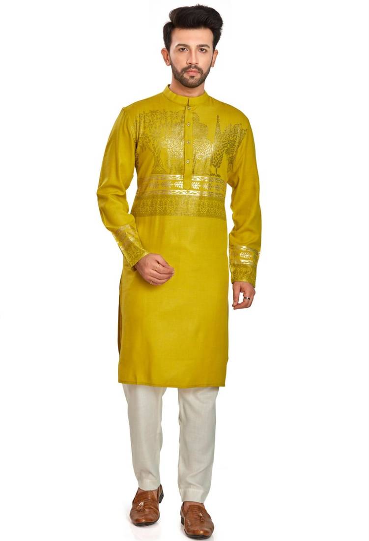Mustard yellow hand block foil printed viscos kurta payjama ethnic wear / festive wear