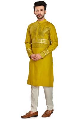 Mustard yellow hand block foil printed viscos kurta payjama ethnic wear / festive wear 3