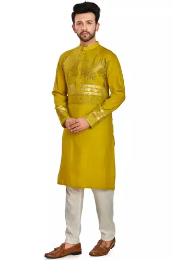Mustard yellow hand block foil printed viscos kurta payjama ethnic wear / festive wear