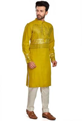 Mustard yellow hand block foil printed viscos kurta payjama ethnic wear / festive wear 4
