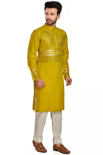 Mustard yellow hand block foil printed viscos kurta payjama ethnic wear / festive wear