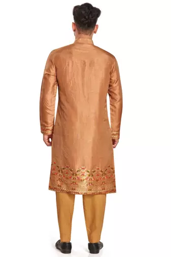 Brown  hand block printed kurta with embroidery banarsi silk  kurta payjama etnic wear / festive wear